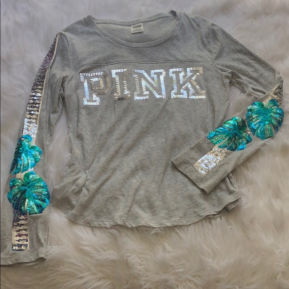 PINK Victoria's Secret Tops - 🌴 Tropical Sequin Long Sleeve Logo Tee